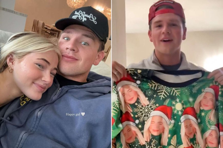 Rylee Arnold Gifts Boyfriend Walker Lyons a Christmas Sweater Covered in Her Face (and His Reaction Is Priceless)