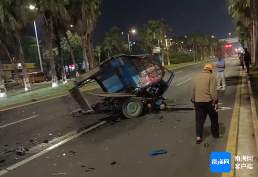 违规变道+超员超载 海口一三轮车与小轿车相撞致2人受伤