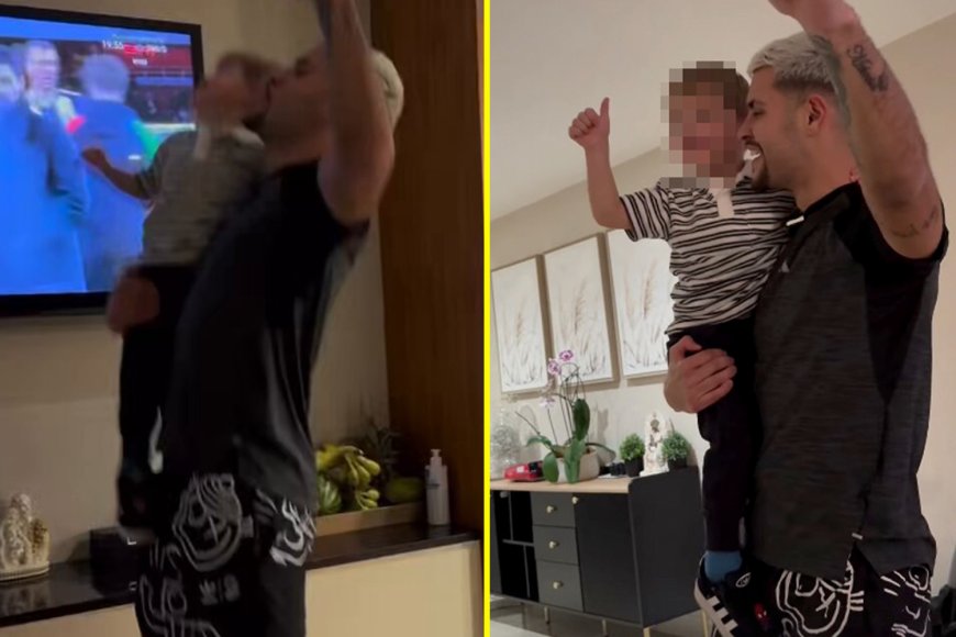 Suspended Newcastle star Bruno Guimaraes dances with young son after historic win over Arsenal